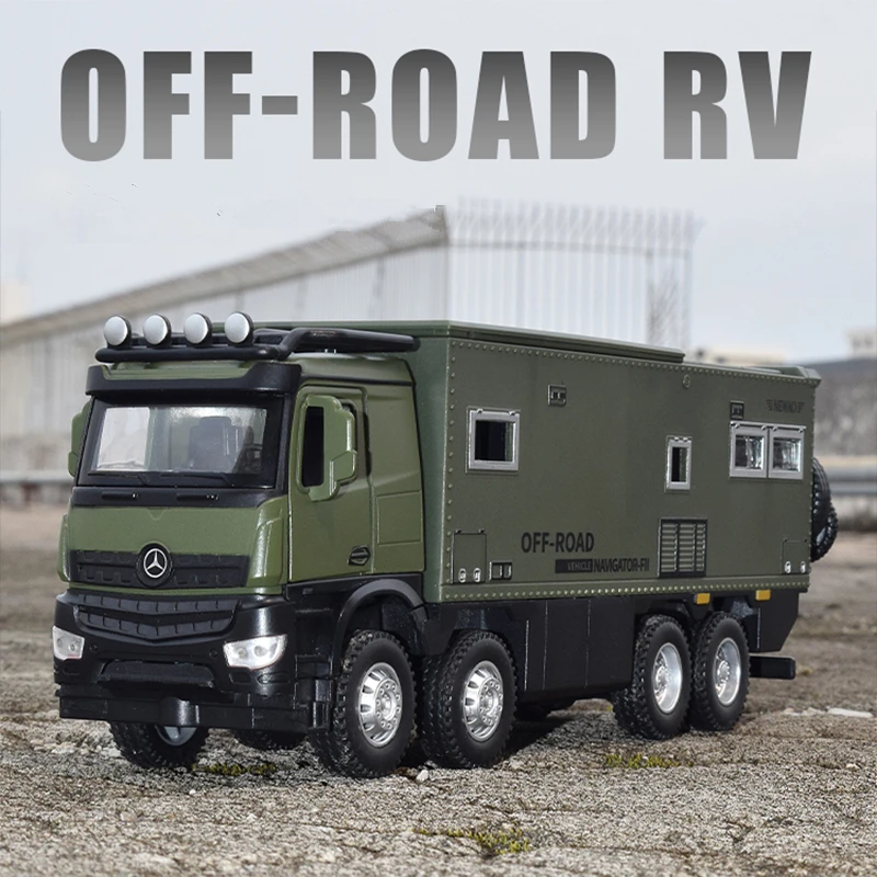 1/28 Arocs Unimog Alloy Motorhome Touring Car Model Diecast Metal Off-road RV Vehicles Model Sound and Light Children Toy Gift