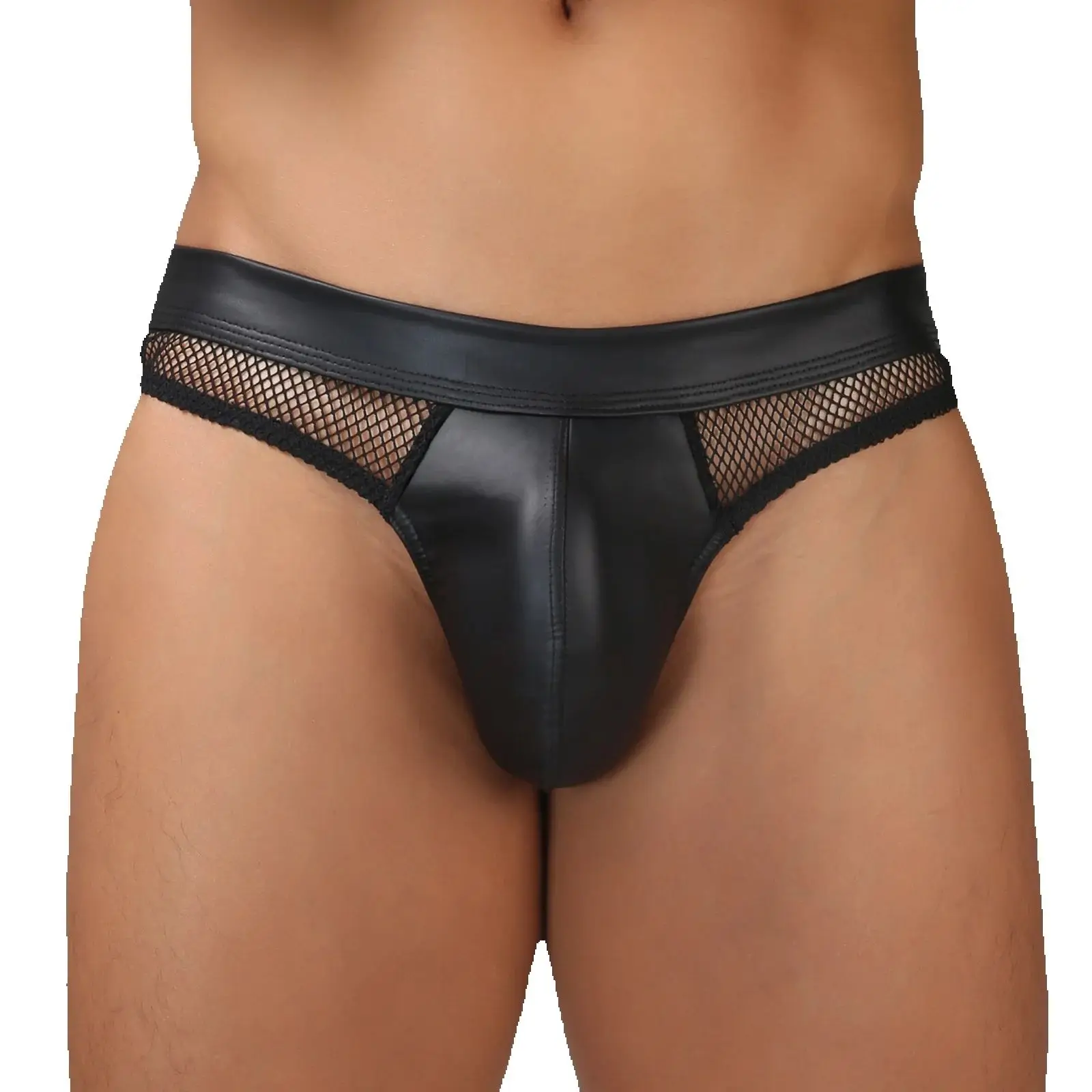 

Men's Sexy Faux Leather Thong Mesh Transparent Underwear U Convex G String Hip-Baring Lingerie T-Back PU Jockstrap Panties