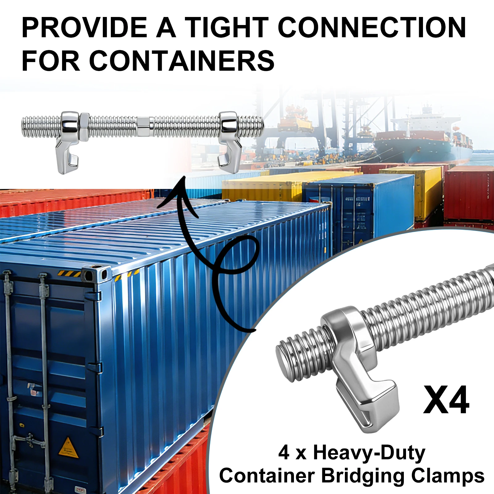 

Комплект из 4 оцинкованных винтовых зажимов-мостиков для соединения контейнеров, 280 мм, для крепления 20-футовых или 40-футовых контейнеров в сборе