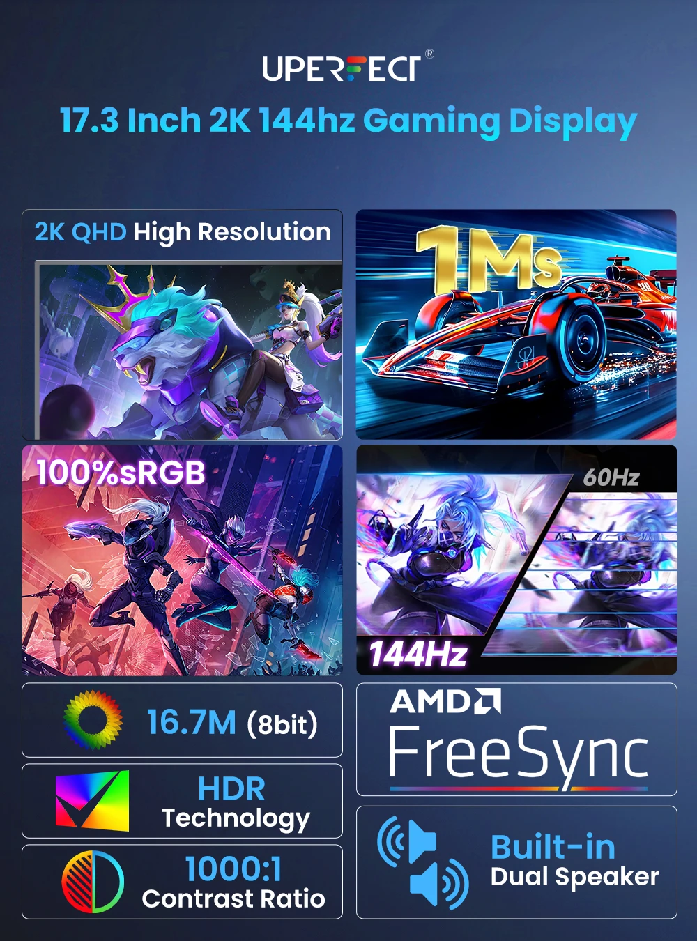 شاشة ألعاب محمولة UPERFECT مقاس 17.3 بوصة 144 هرتز 2560*1440 2K 16:9 HDMI USB C 100% sRGB شاشة Freesync لألعاب الكمبيوتر والكمبيوتر المحمول Mac Xbox PS4 PS5