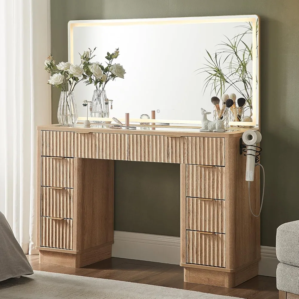 48" Fluted Makeup Vanity Desk with Large Led Lighted Mirror, Modern Vanity Table with 8 Drawers & Charging Station.