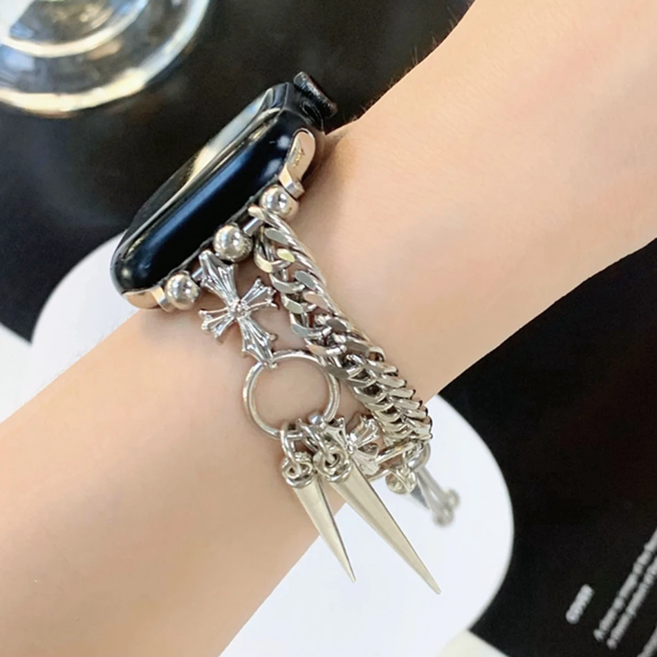 Classic Punk Cross Bracelet For Apple Watch 8 Band Ultra 49mm 38mm 41 40 44 45 42mm Steel Strap for IWatch Series 8 7 6 SE 5 4 3