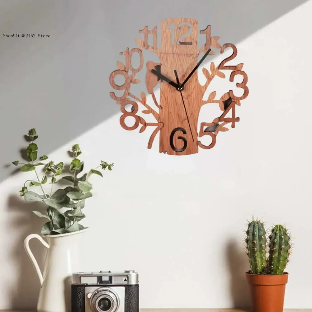 Living Study Room Bedroom Office Kitchen Double-Layer Three-Dimensional Bird Wall Home Wooden Creative Wall Clock