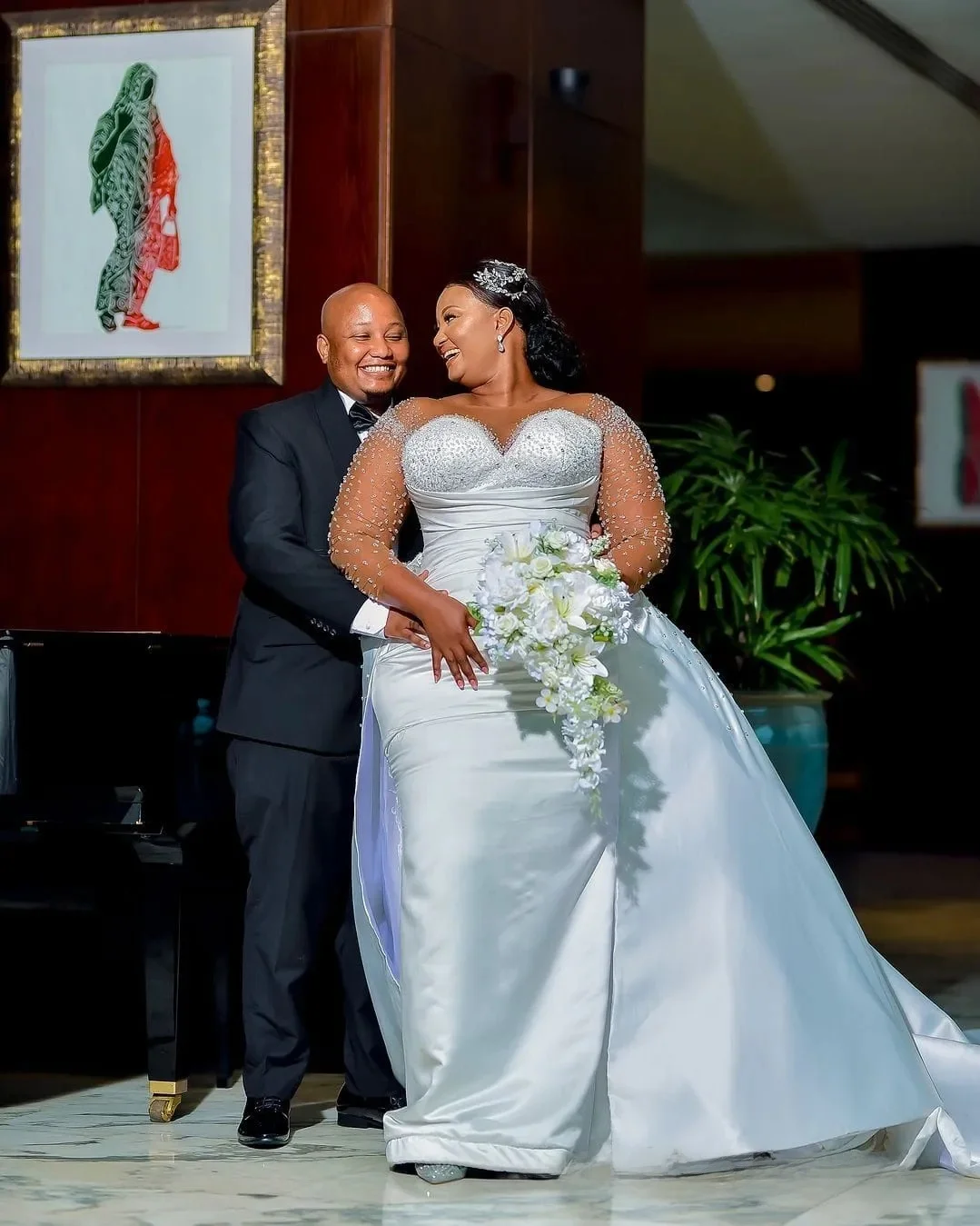 맞춤 플러스 사이즈 신부용 웨딩드레스, 탈부착 가능한 트레인 머메이드 웨딩드레스, 시스루 긴팔 비즈 장식