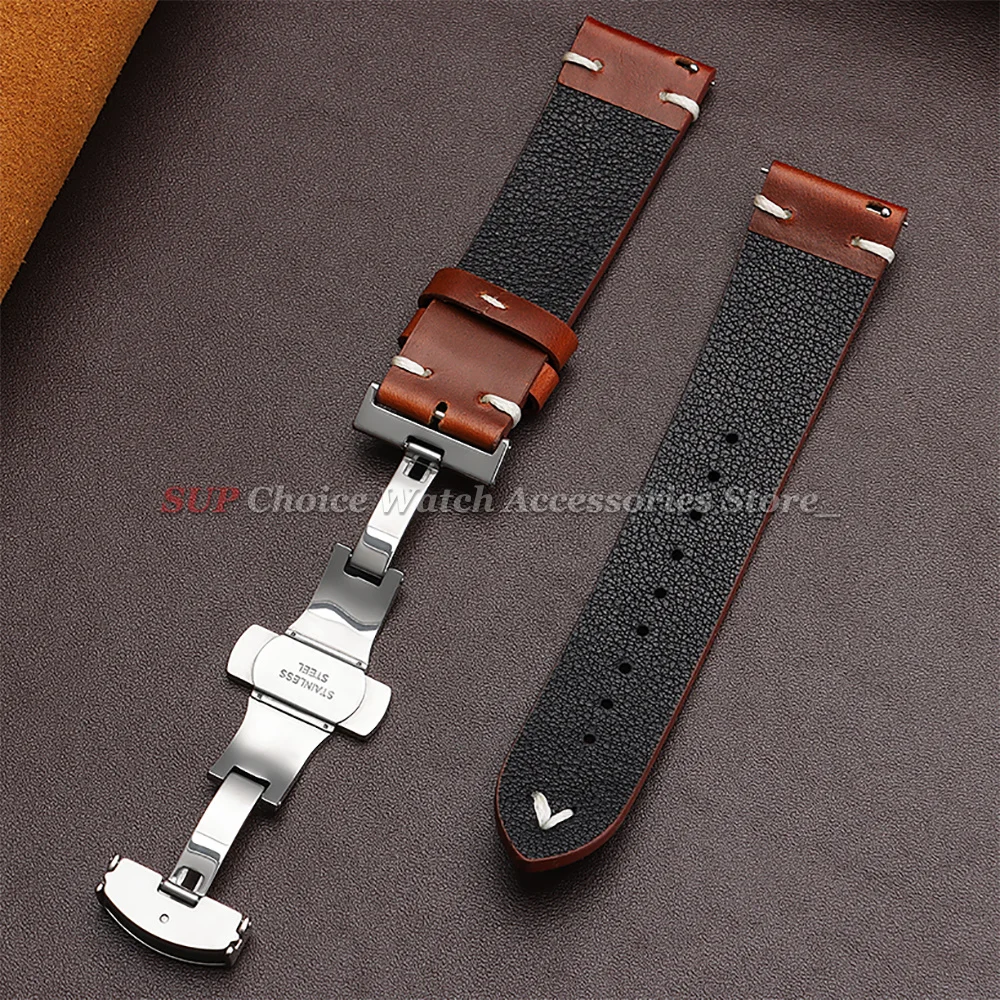 Vintage Ölwachs-Leder Uhrenarmband mit Schmetterlingsverschluss Genähtes Rindslederband 18mm 20mm 22mm Armband für Seiko für Omega Uhrenarmband – Detail 7