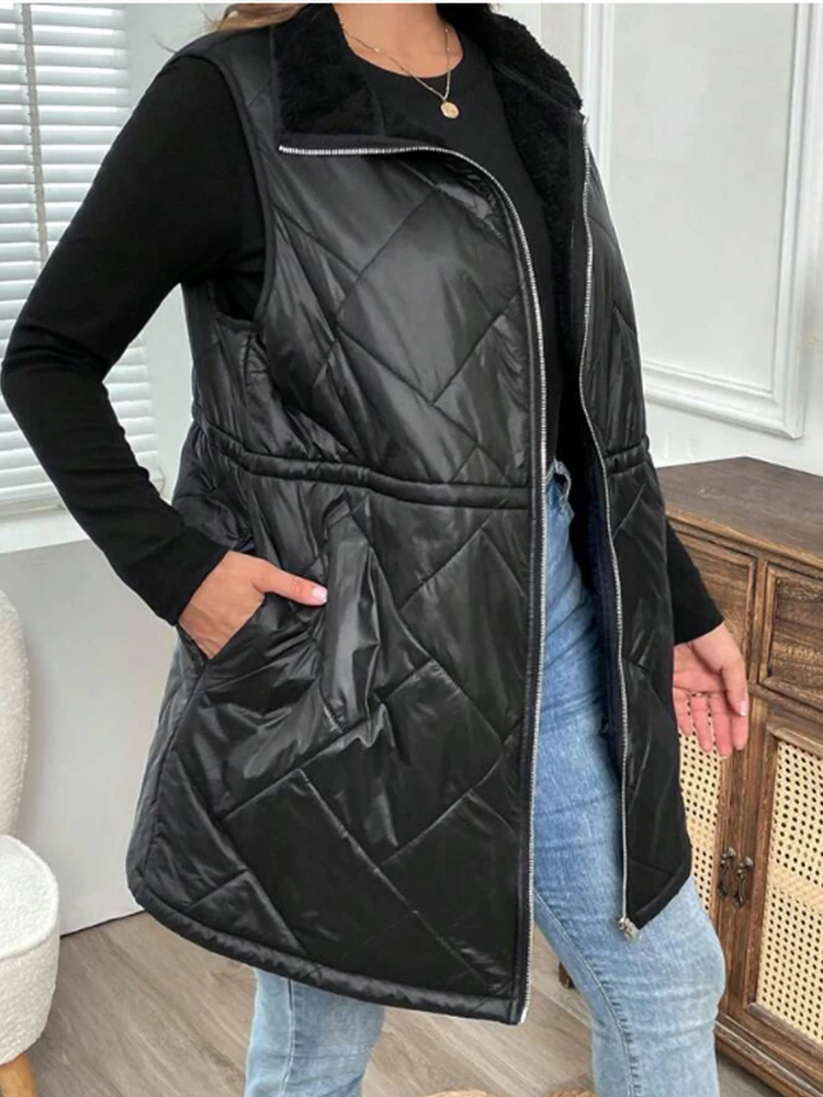 

Women Plus Size Parkas Vest Zipper Fly Casual Vintage Office Lady Turn Down Collar Pockets Winter Autumn Vest Jacket Coats 2024