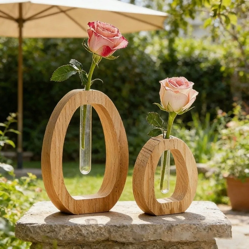 Minimalist Hydroponic Plant Vases Creative Wooden Table Centerpiece Planter Modern Style Glass Cylinder Tube Vase Dining Room