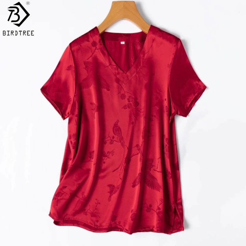 Birdtree, 28MM 100% Real Silk Tshirt, Short Sleeve V-neck Tops, Women Jacquard Satin Red Loose Shirt, 2026 Summer New T66222JF