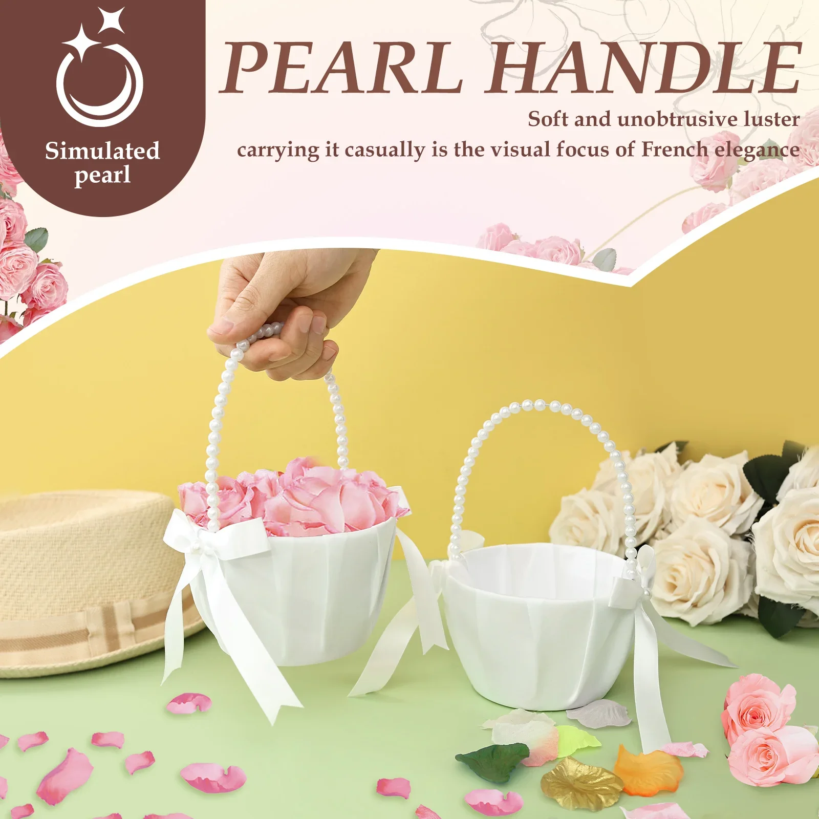 2Pcs Wedding Flower Girl Basket Bowknot Satin Western Rustic with Faux Pearl Handle For Bride/Kids Wedding Ceremony Decorations image 3