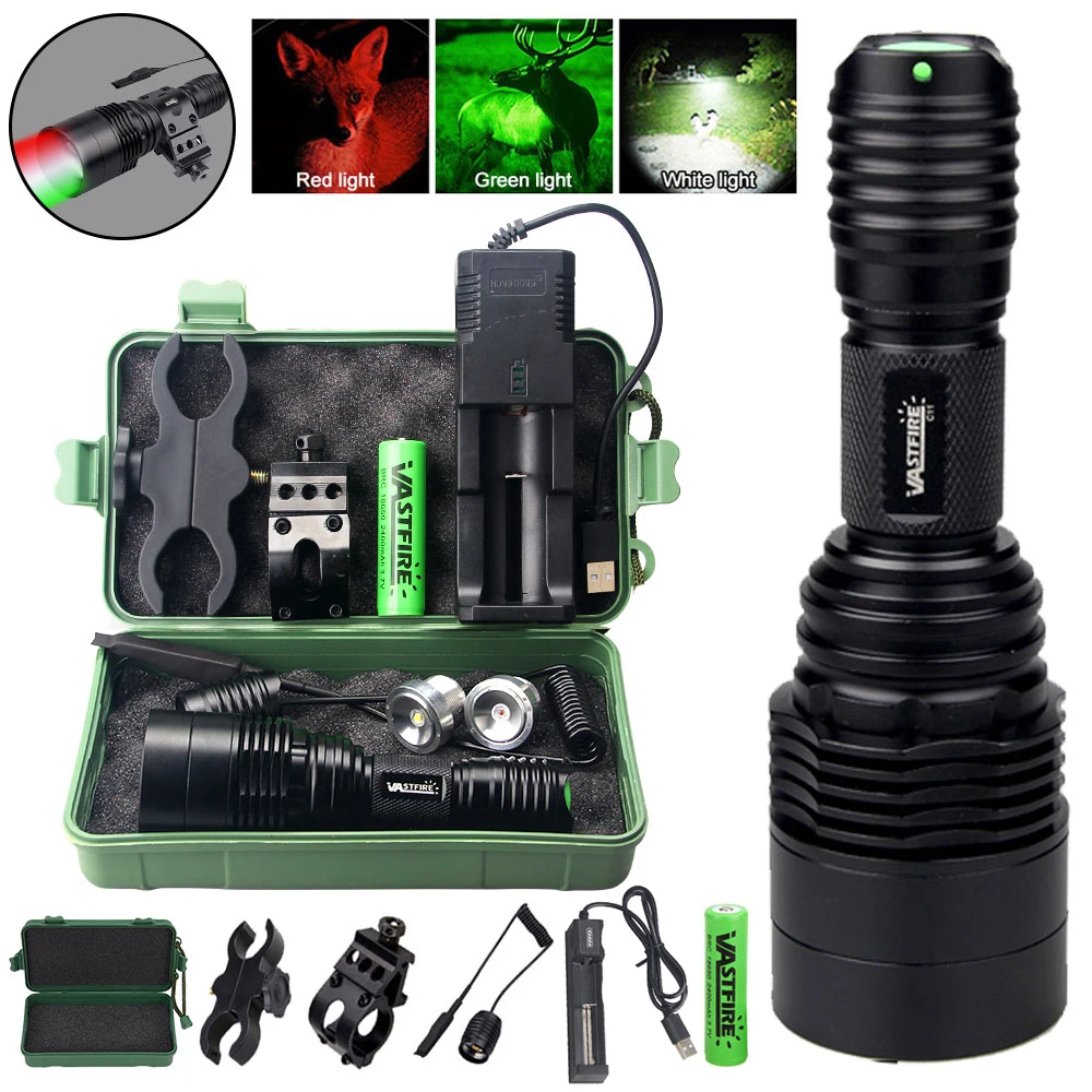 Tactical Red+Green+White Weapon Light Powerful C11 XPE LED Night Hunting Flashlight+Rifle Scope Mount+Tail Switch+18650+Charger