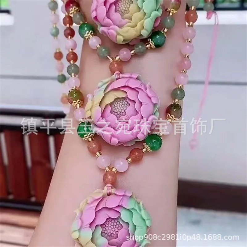 

Искусственный красочный агат Яньюань, кулон с цветком пиона, ожерелье, цветущий богатый кулон