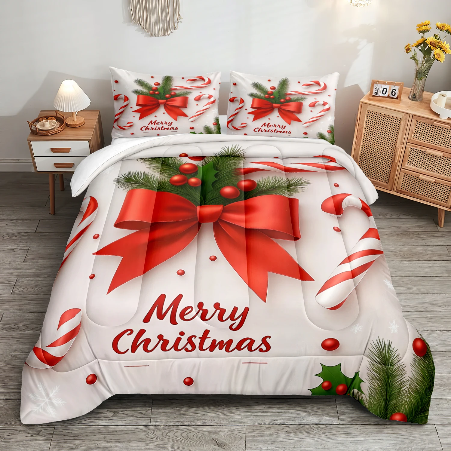 3pcs Festive Merry Christmas Comforter Set, Big Red Bow Candy Canes and Holly Pine Leaves, All‑Season Holiday Quilt Set