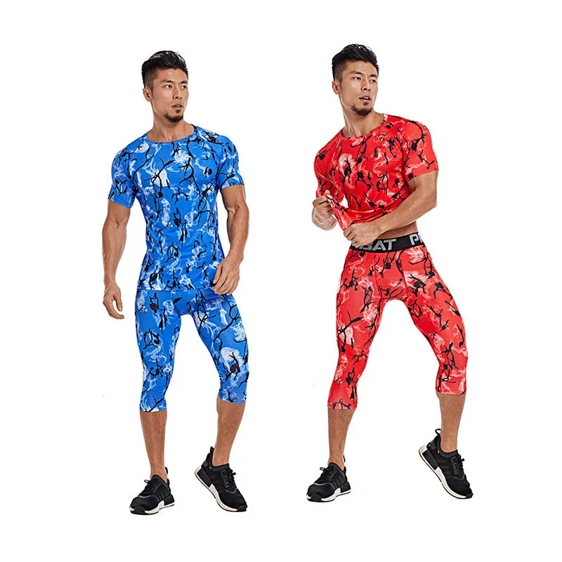 Men Sleeve Boxing Jersey Male GYM Fitness Tee Capri Leggings Short Sport Running Set Skiing Basketball Football Clothes Suit A66