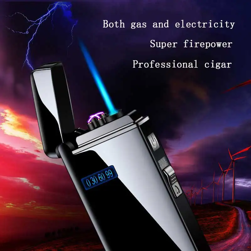 Metal Outdoor Windproof Dual Arc Plasma USB Lighter Blue Flame Turbo Torch Butane Gas Cigar Lighter Battery Display Men\'s Gadget