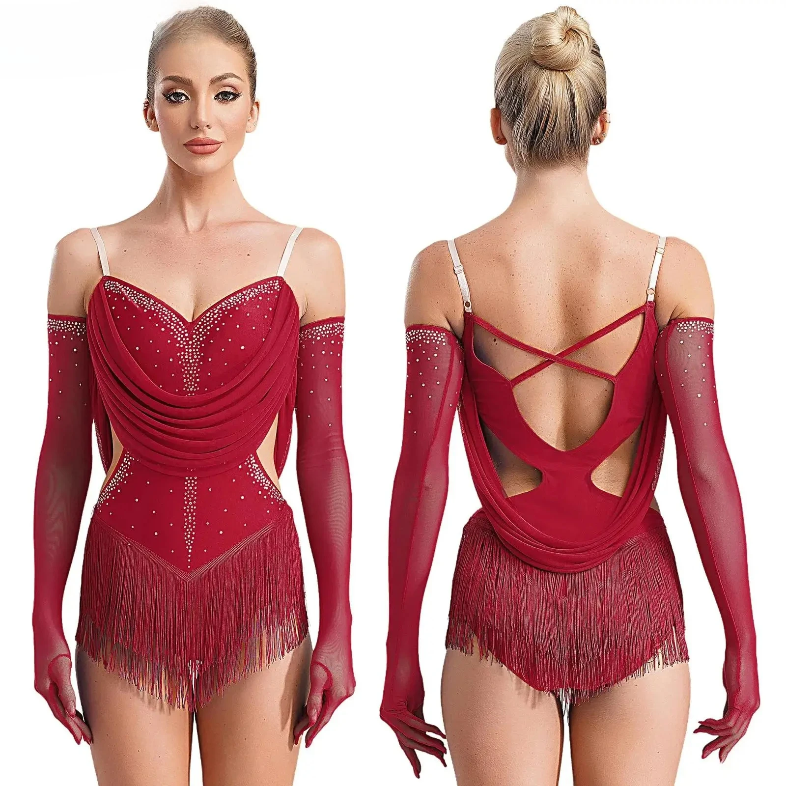 Vestido de leotardo de baile latino con borlas para mujer, mono con flecos de diamantes de imitación + guantes, trajes para actuación de patinaje de Tango Cha-Cha Salsa