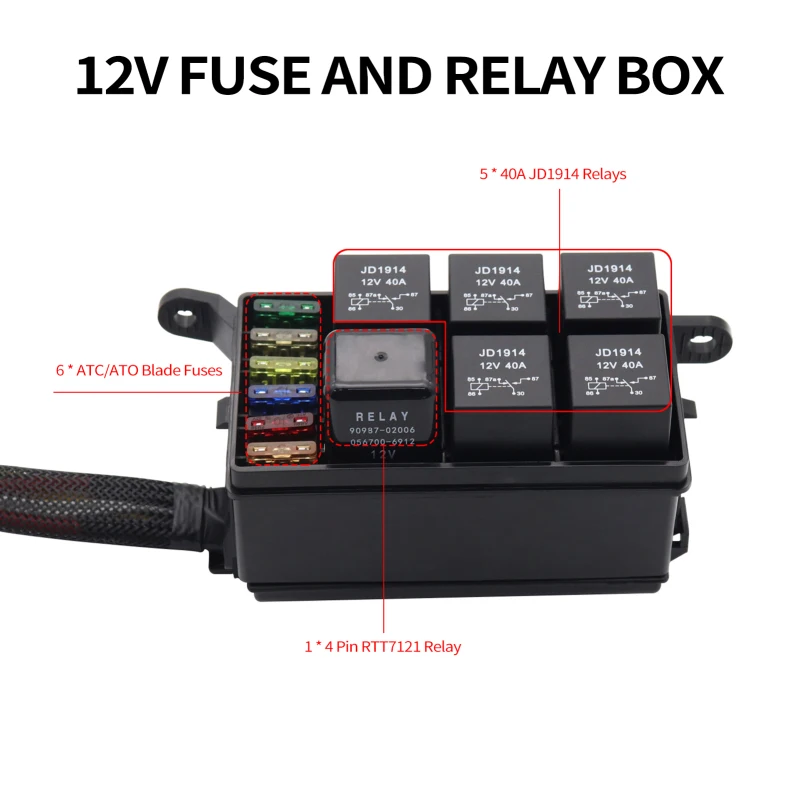 12 Volt Fuse Relay Block with 4 Pin Relay Slots 6 ATC/ATO Fuse Holders Relay Box w/ Harness Fuse Relay Box for Cars Trucks Boats