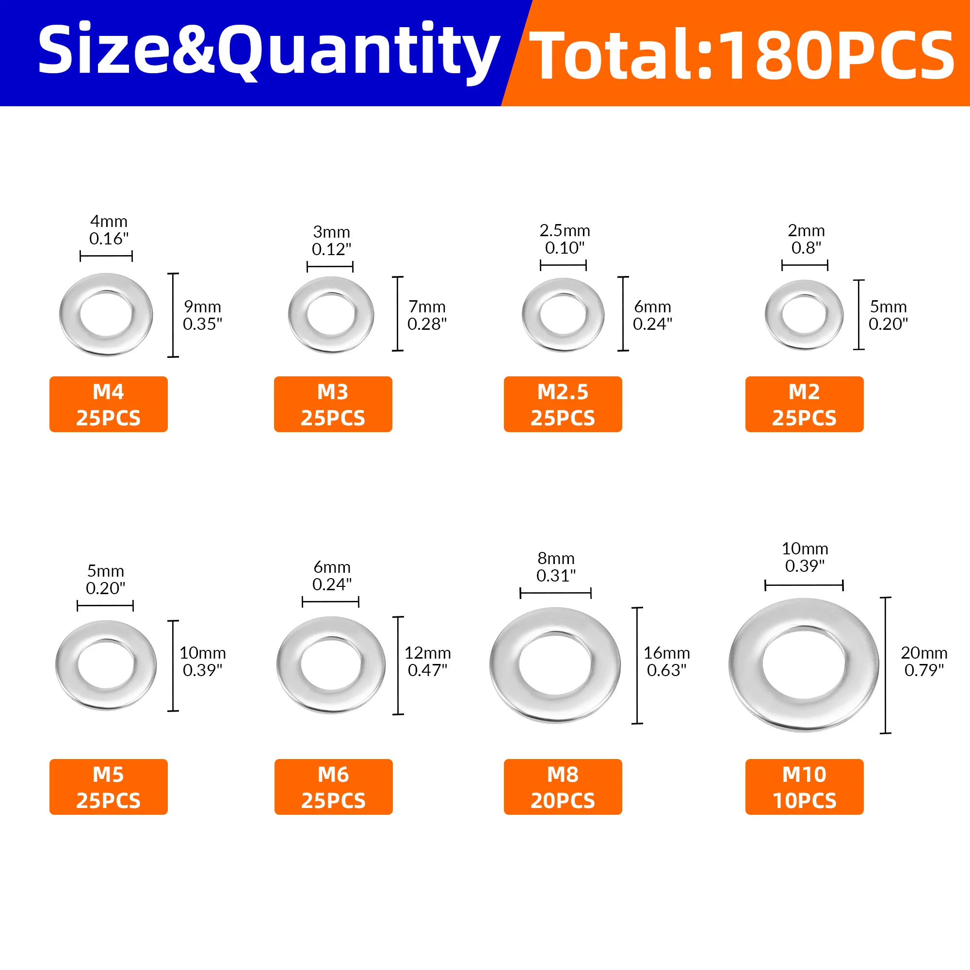 180PCS 304 Stainless steel Flat Washers Assortment Kit for Screws Bolts M2 M2.5 M3 M4 M5 M6 M8 M10 Adjusting Shim Gasket