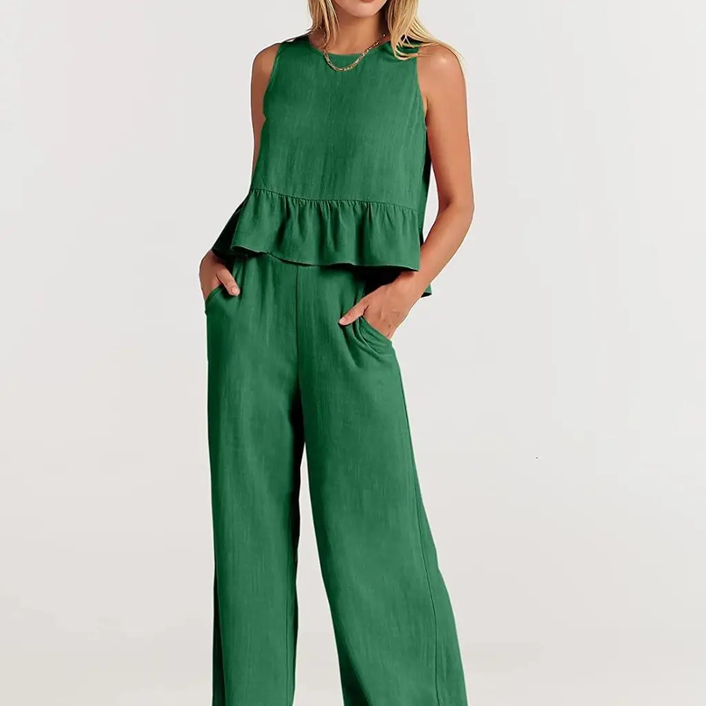 

Летний женский плиссированный жилет без рукавов и широкие брюки, повседневный костюм в европейском и американском стиле