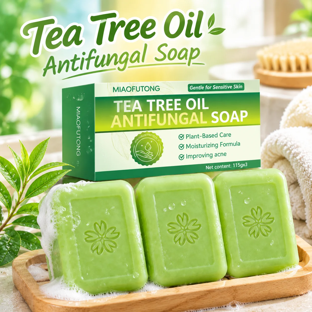 3pcs Tea Tree Oil Soap Bar Natural Plant Extract Handmade Soap Deep Cleansing Soothing For Sensitive Skin Care