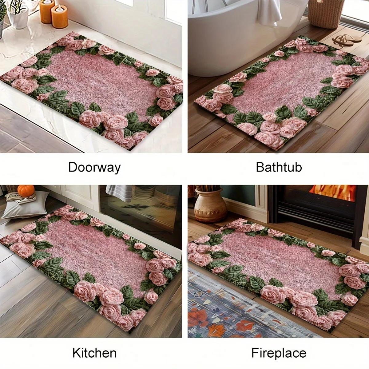 Imitation Cashmere Pink Rose Pattern Anti Slip Bath Mat, Ultra-Fine Fiber Machine Washable, Low Fleece Blanket, TPR Backing,