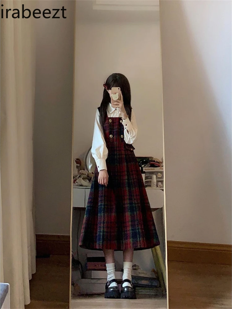 Autumn and Winter New College Style Two-piece Set French Gentle Temperament High-end Fresh Red Plaid Suit Dress