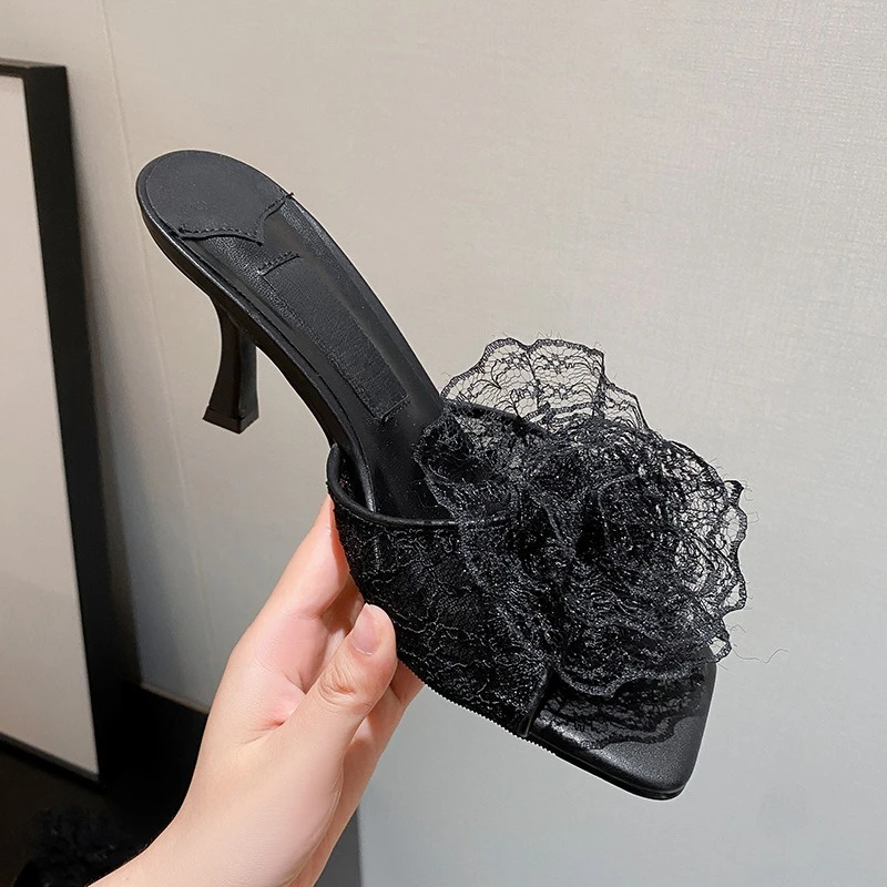 New Lace Flower High-heeled Slippers Women's Thin Heels Square Head Fashion One-word Women's Shoes