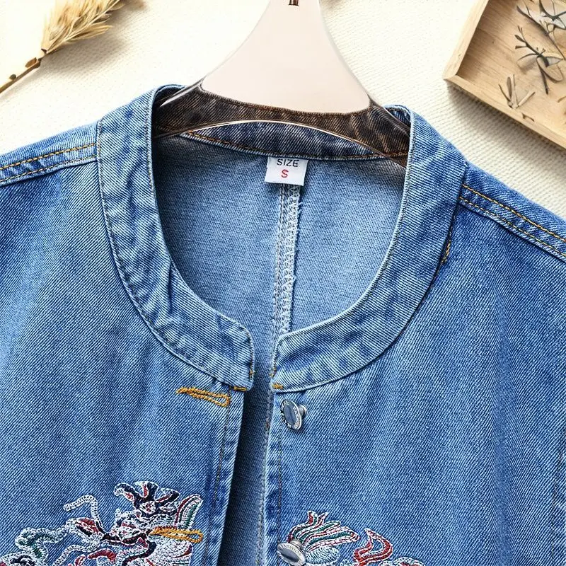 Vintage Geborduurd Denim Vest Voor Vrouwen O-hals Vest Uitloper 2025 Lente Herfst Casual Mouwloze Jeans Crop Tops