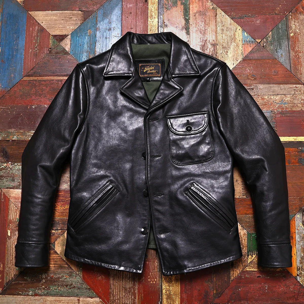 Tailor Brando Full Grain Vegetable Tanned Oil Waxed Horsehide Men's Vintage Four Corners Genuine Leather Jacket