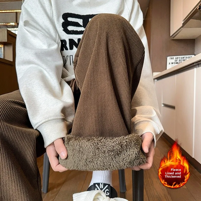 

Thiened Fce вельветовые брюки мужские осенне-зимние прямые длинные брюки теплые с эластичной резинкой на талии повседневный модный бренд