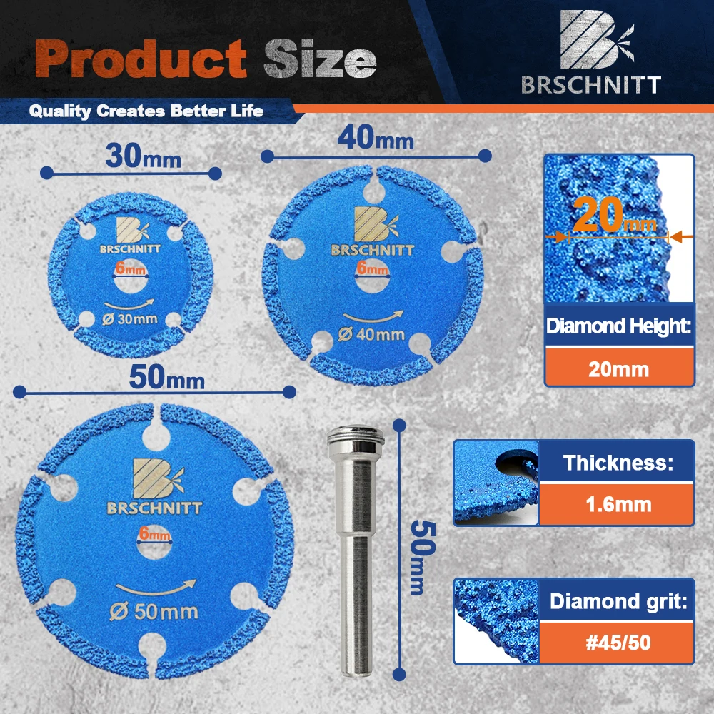 BRSCHNITT Diamond Mini-Cut Disc Set 30/40/50 mm Sägeblatt Abnehmbarer Schaft Handwerkzeug Stahl Metall Eisen Rohr Nagelschnittplatte