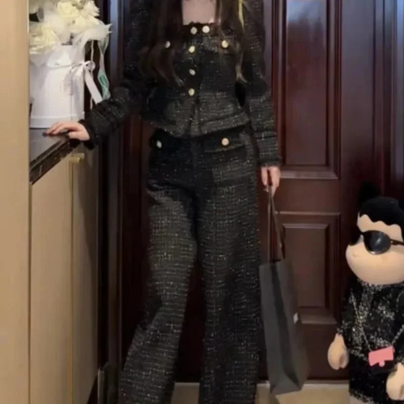 Women's Jacket Casual Slim Square Collar Long Sleeve Plaid Short Jacket Same Style Loose Pants Luxury Design Wool Pants Suit