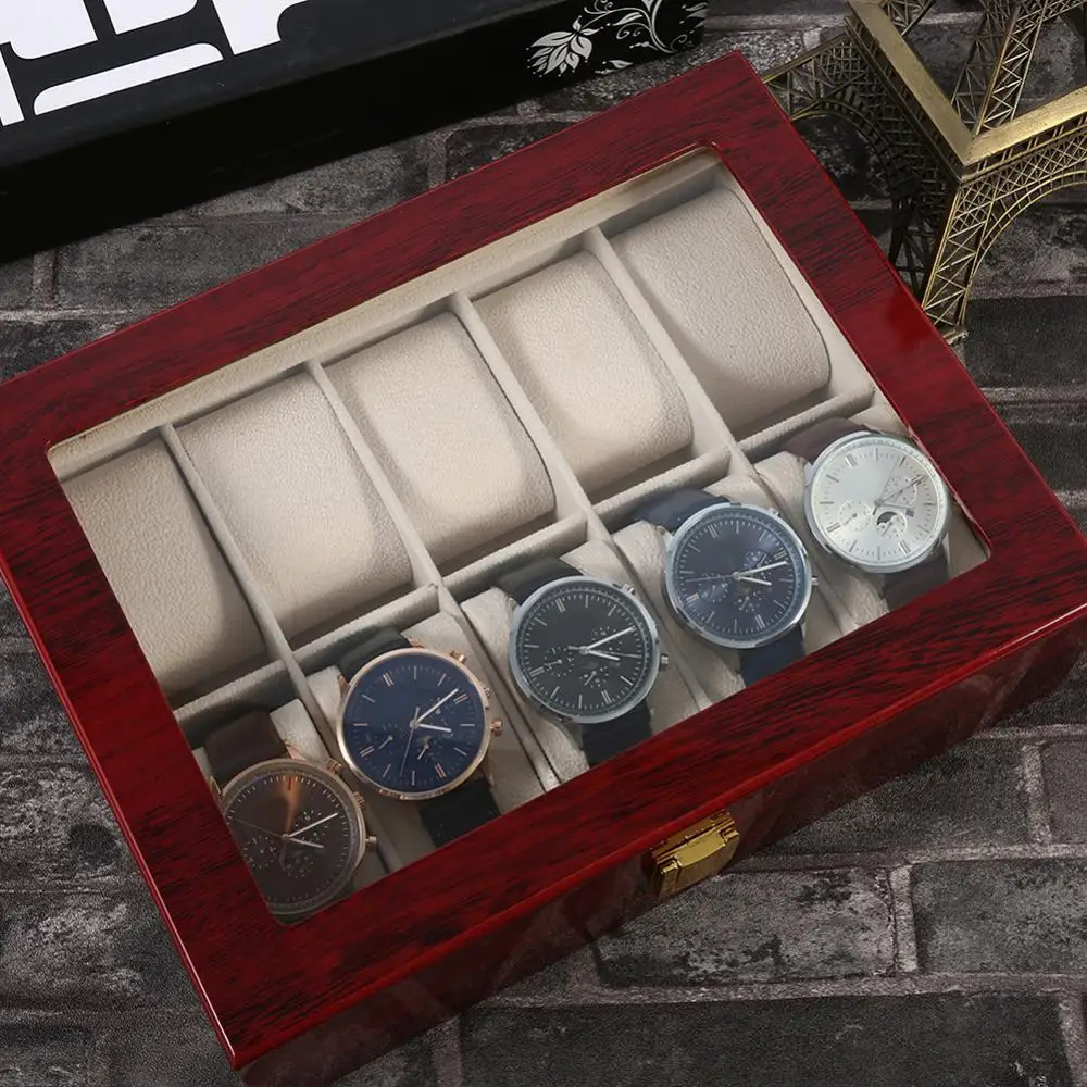 10 Grids Wooden Wrist Watch Display Box Jewelry Storage Organizer Case