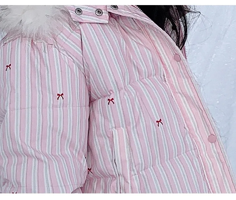 Korean Striped Bow Pattern Cropped Padded Jacket for Women Winter Hooded Coat with Faux Fur Collar Woman Sweet Thick Warm Parkas