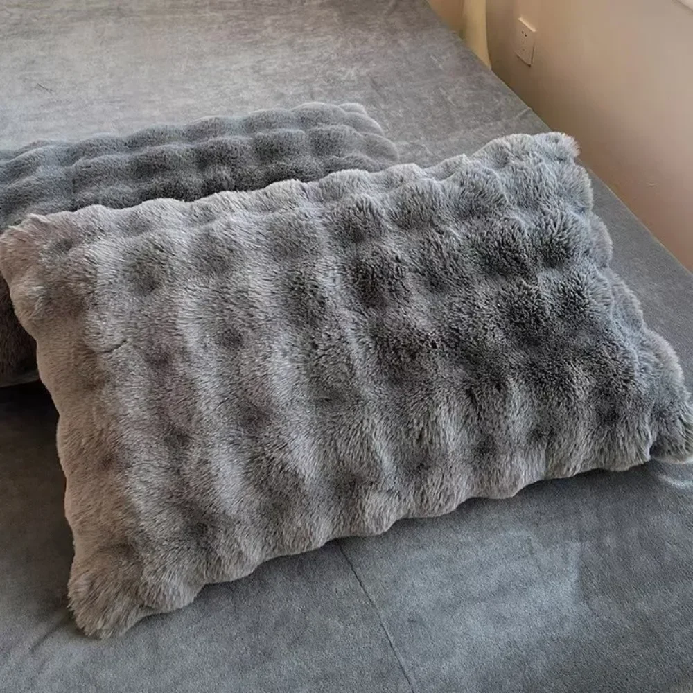 Nordic Style Bubble Faux Rabbit Fur Pillowcase Grey Thick Plush Pillow Cover Winter Warm Bed Pillow Bedroom Bedding Decor