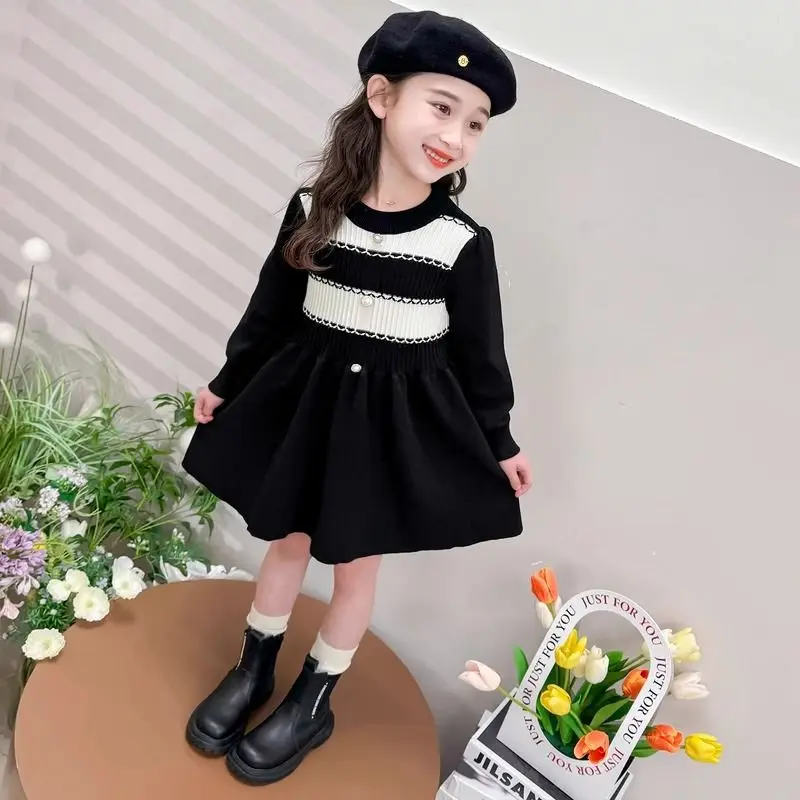 2025 New Korean Style Girls Knit Dress for Baby Girl Childrens Long Sleeve Spring Autumn Trendy Dress
