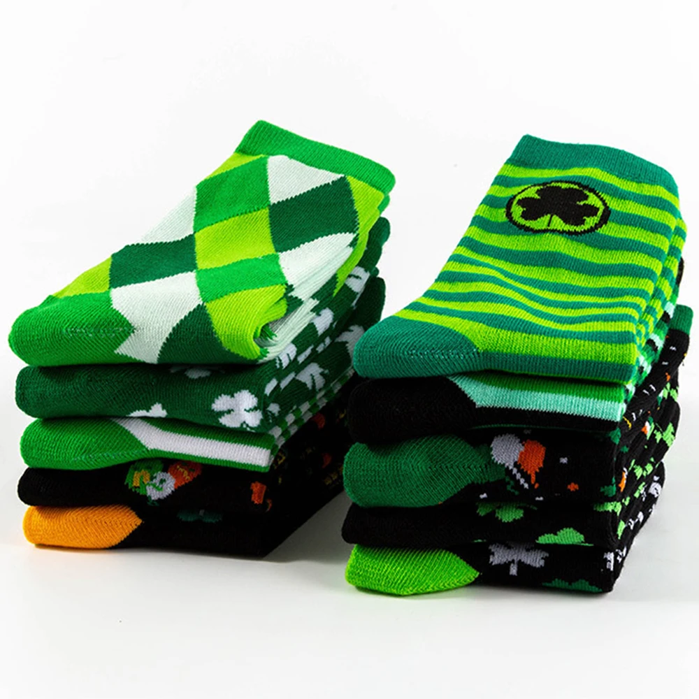 3Pairs Random Colors Fashion Green Women Socks Art Four-leaved Clover Stripe Cotton Mid Tube Socks Breathable Casual Short Socks