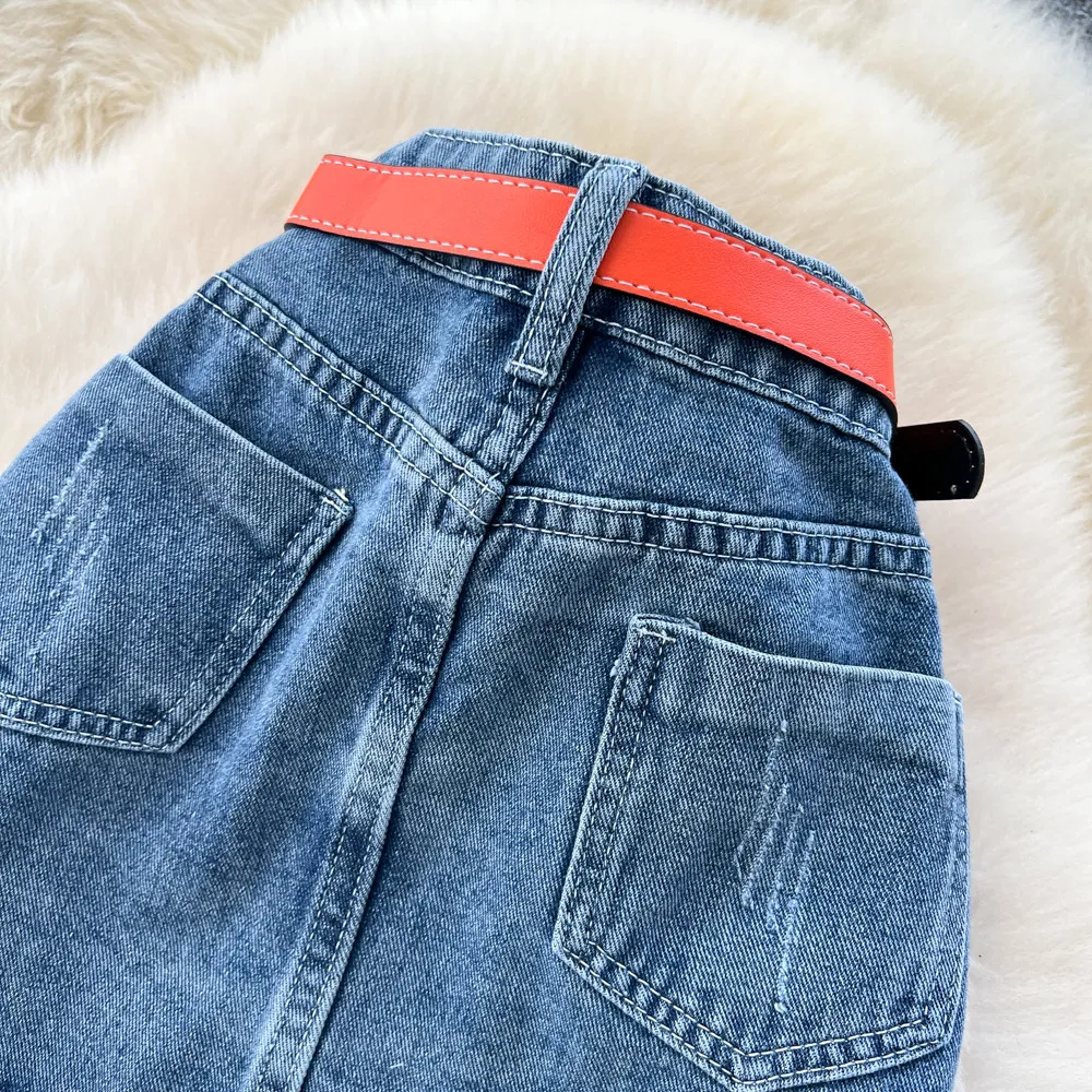 TWOTWINSTYLE Koreaanse Stijl Slanke Denim Rokken Voor Vrouwen Hoge Taille Gesplitste Knop Herfst Causale Hit Kleur Rok Vrouwelijke KSK557081