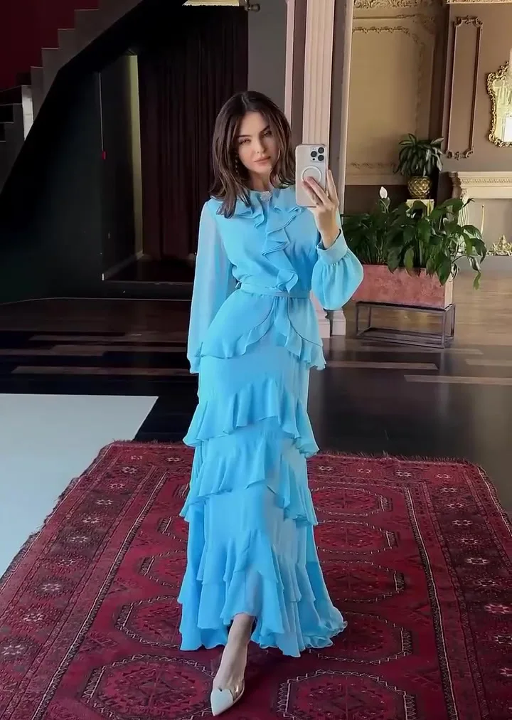 Elegant Solid Layered Ruffle Long Dress Women O Neck Long Sleeve Belt Chiffon Maxi Dress Autumn Wedding Guest Evening Party Robe