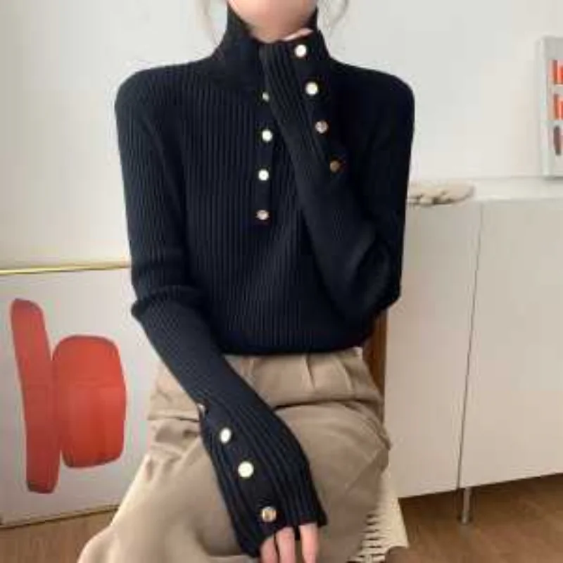 Herbst und Winter Slim Pit Gestreifter Rollkragenpullover Eleganter Button-Down-Strickpullover