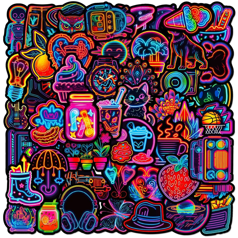 10/30/50pcs Cute Neon Light Graffiti Stickers Funny Cartoon Decals Scrapbooking Guitar Phone Laptop Sticker Decoration Supplies