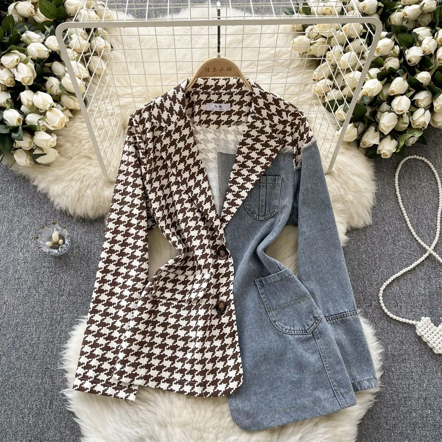 Vintage Patchwork Denim Blazer Women Spring Autumn Notched Long Sleeve Asymmetrical Jacket Office Lady Coat Blazer Mujer