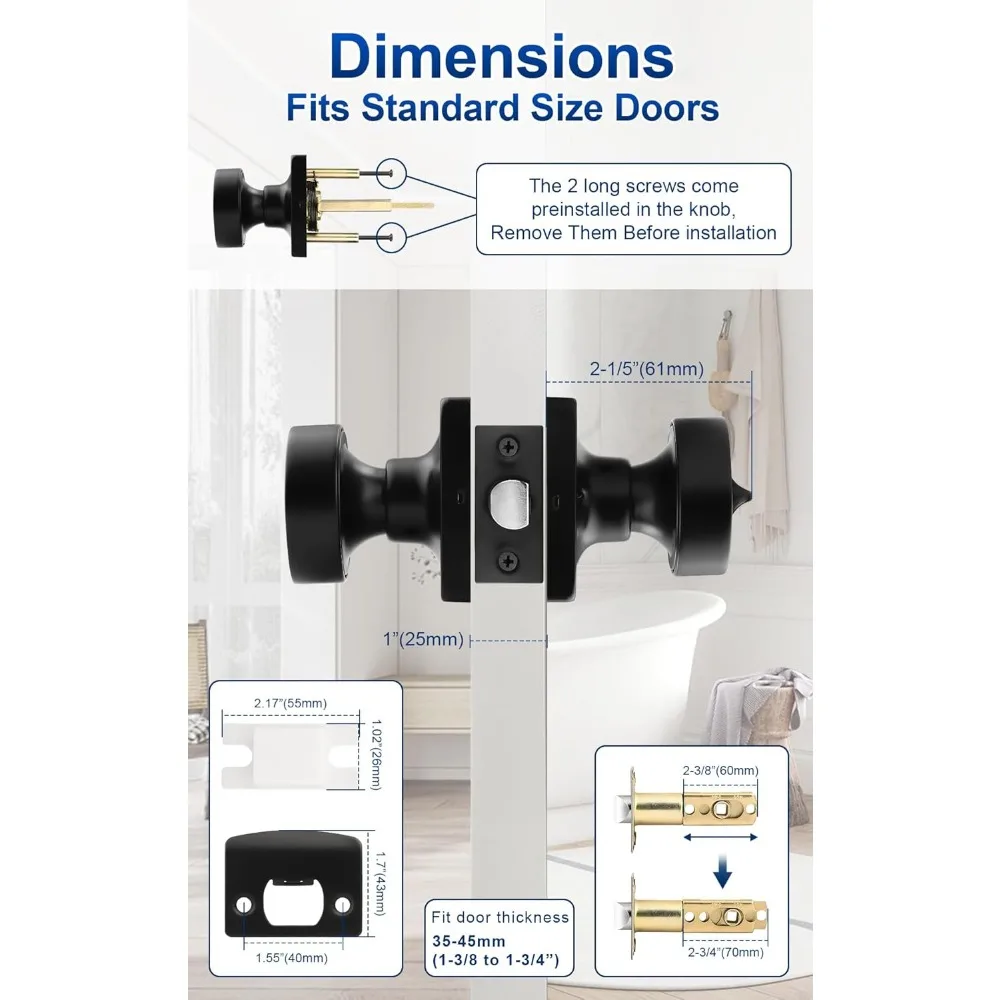 Nowoczesne klamki bezkluczykowe, zestaw 5 sztuk, wewnętrzne klamki z funkcją prywatności, kwadratowa podstawa, do sypialni i łazienki, wykończenie matowe.