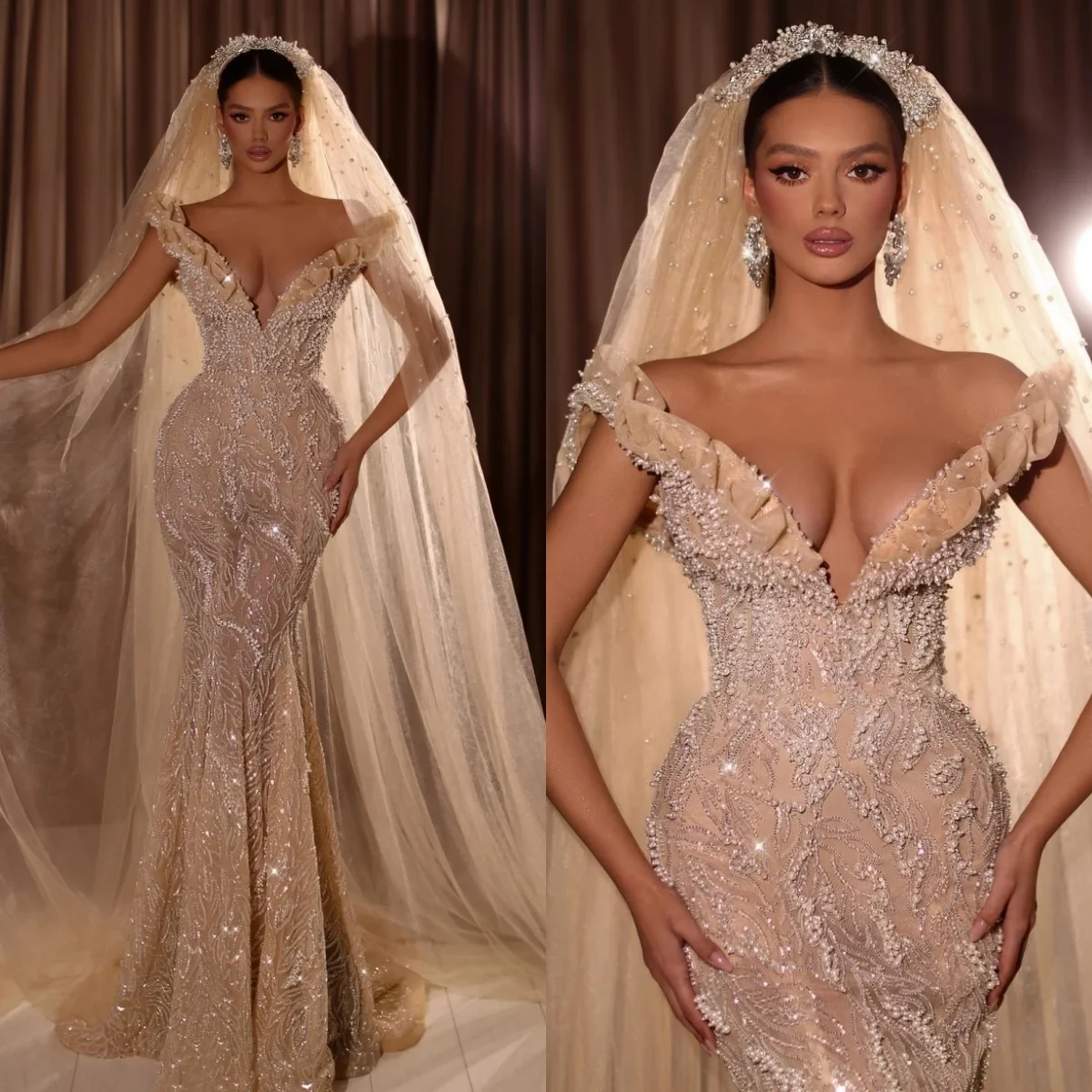 

Sexy Mermaid Wedding Dress V Neck Off Shoulder Sleeveless Bridal Gowns Sequins Pearls Sweep Train Dresses Customized