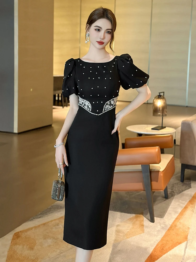 Summer Chic Black Formal Occasion Evening Dress Women Clothes Elegant Luxury Vintage Puff Sleeve Slim Party Prom Vestidos Fiesta