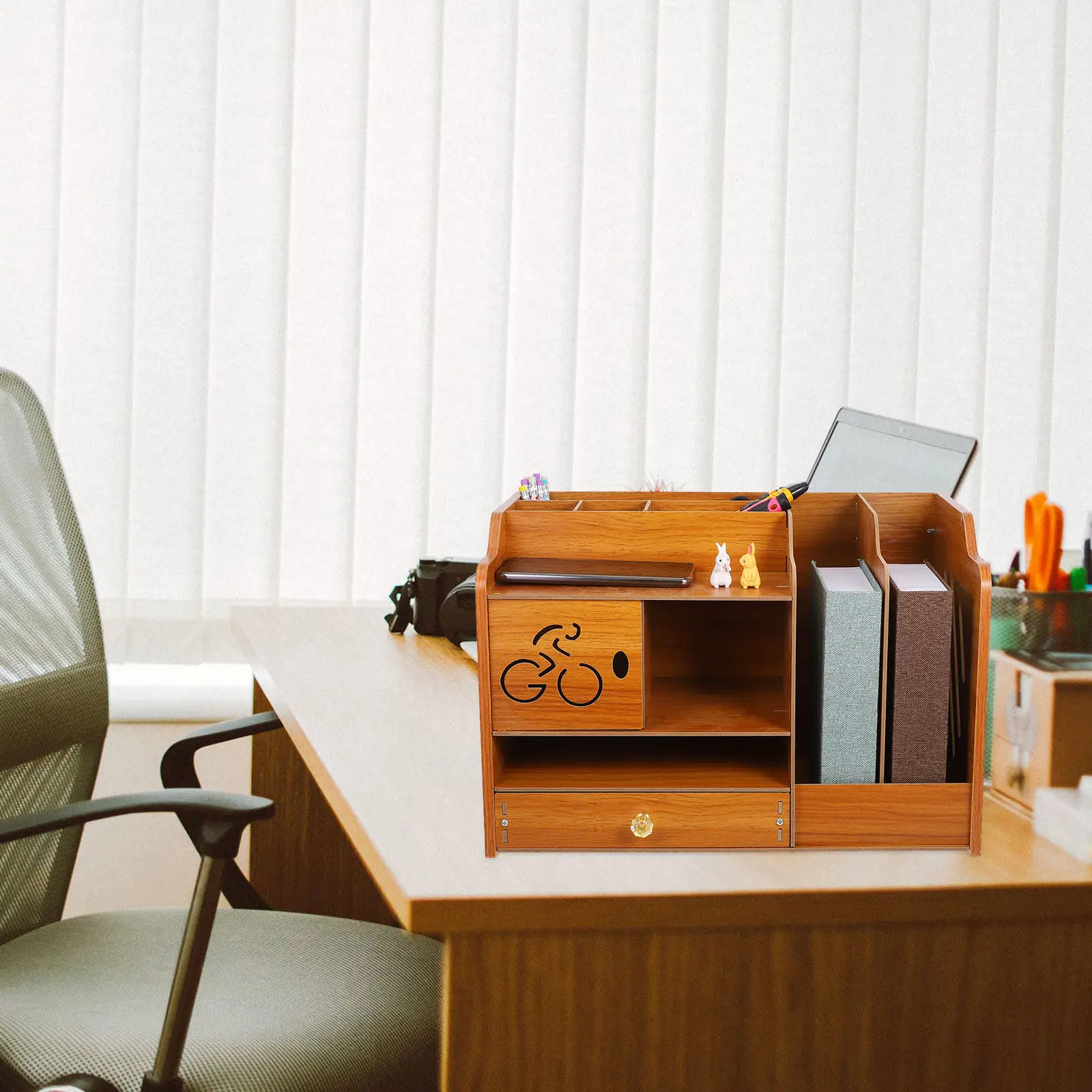 Wooden Desk Organizer 2 Drawers Multifunctional Office Storage Rack Desktop Bookshelf Table Top Storage Pen Notepad Holder