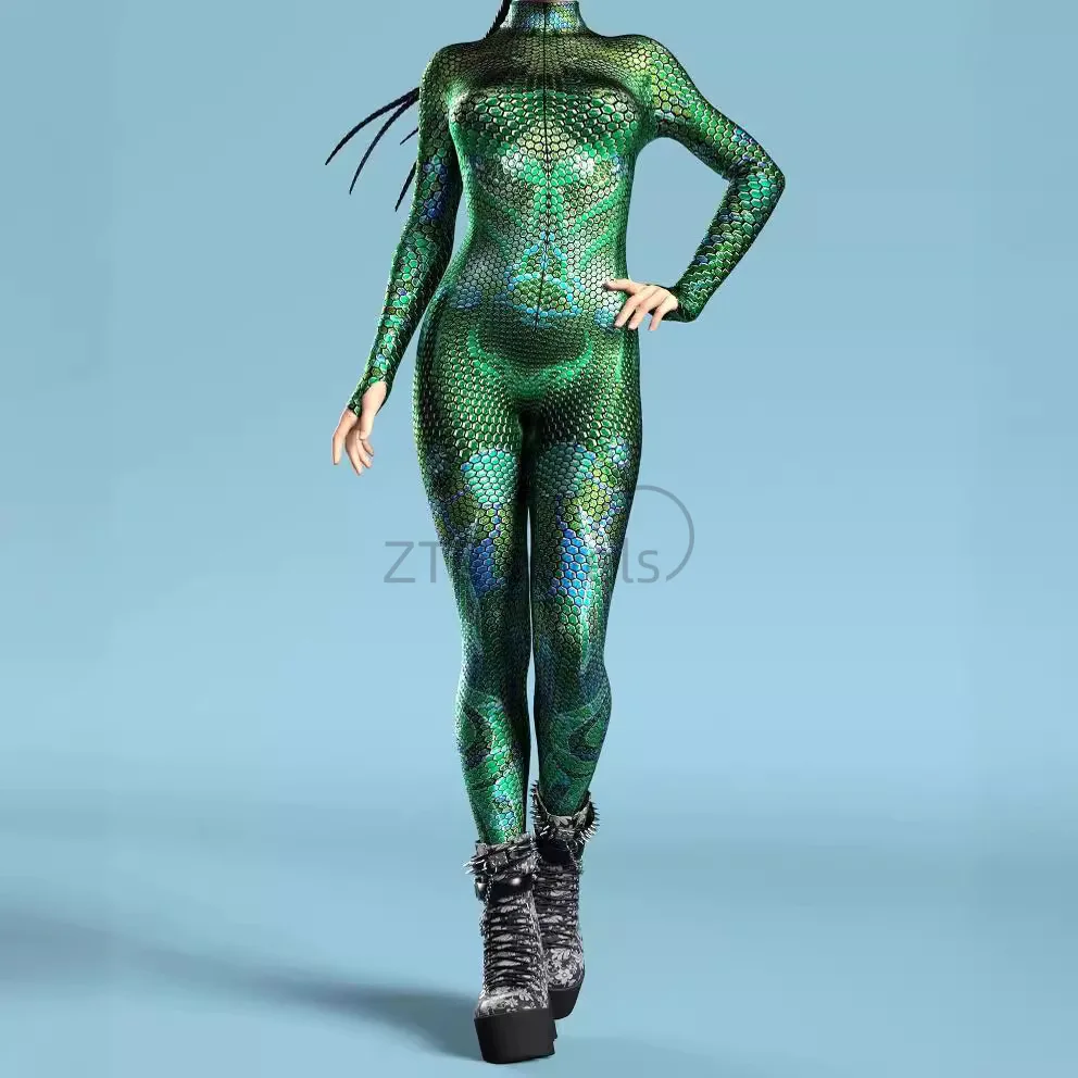 Women's Green Snake Print BodySuit Halloween Adult Cosplay Jumpsuit 3D Printing Colorful Carnival Party Rave Outfit