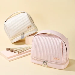 Makeup Bag Dry Wet Separation Travel Toiletry Bag Organizer Wide Open PU Beauty Bag for Women Girl(Cream)