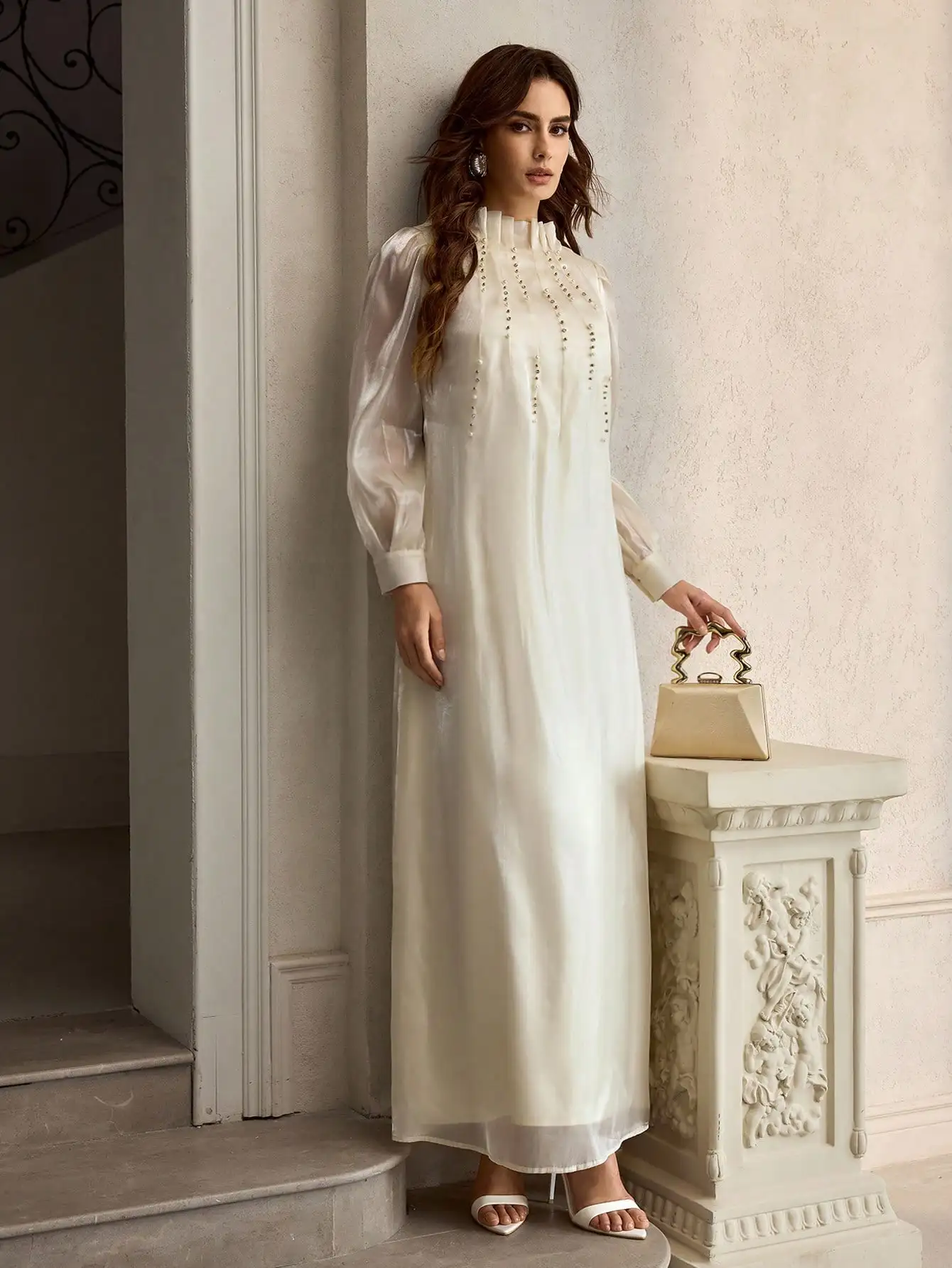 

Elegant Long Sleeve Floor Length Dress With Faux Pearl Decoration