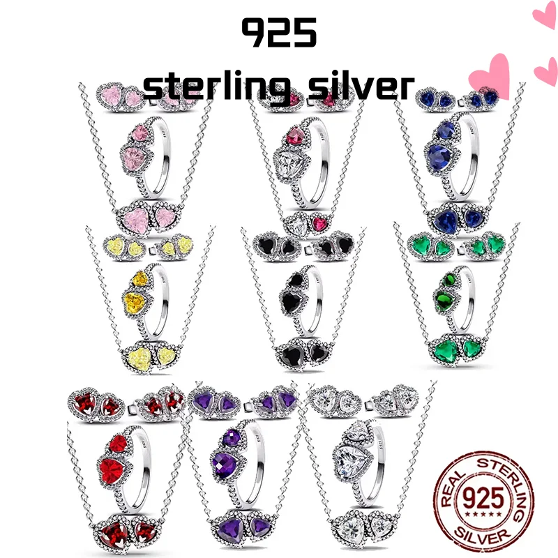 

2024 Heart-Shaped 925 Sterling Silver Elevated Red&Pink&Blue&White Heart Necklace Lover's Holiday Gift Jewelry