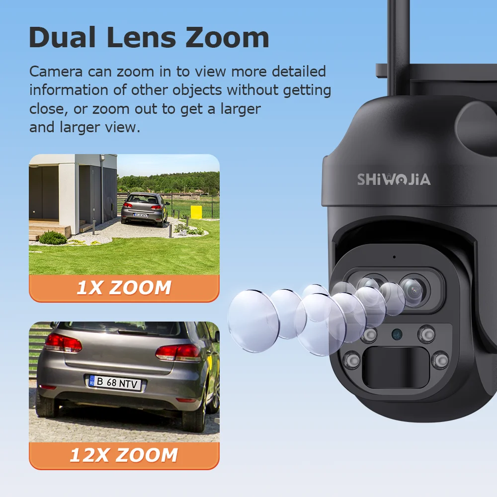 SHIWOJIA 12X Zoom 4G LTE Solar Security Camera 8MP Night Vision Dual-Lens Outdoor WiFi Solar Battery Camera PIR Human Detection